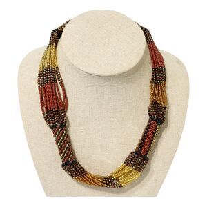 Handmade Boho Red Gold Brown Seed Bead Multi Strand Woven Rope Necklace